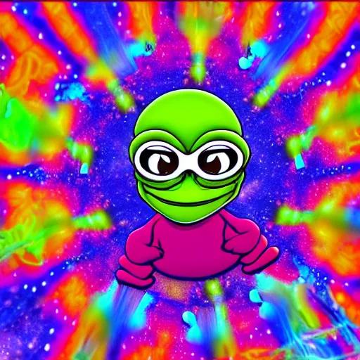 Image similar to a 3 d render of a psychedelic pepe, tripping on mushrooms, floating in space, hd, digital art