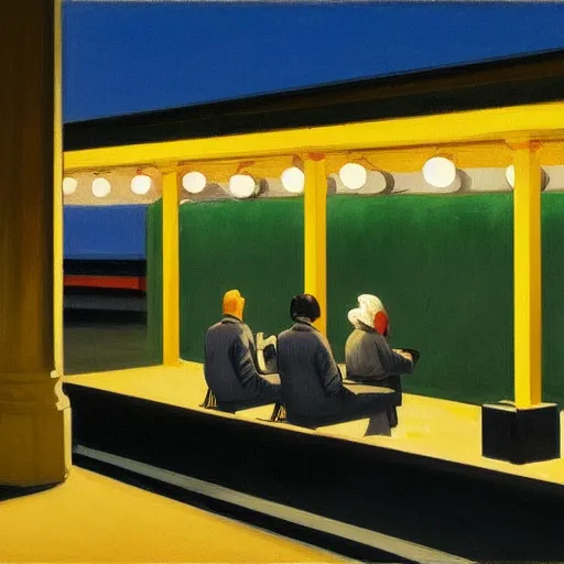 Image similar to a some people waiting in a lone bus stop in quiet dark city night painted by Alex Katz and Edward Hopper, high quality, high resolution,detailed