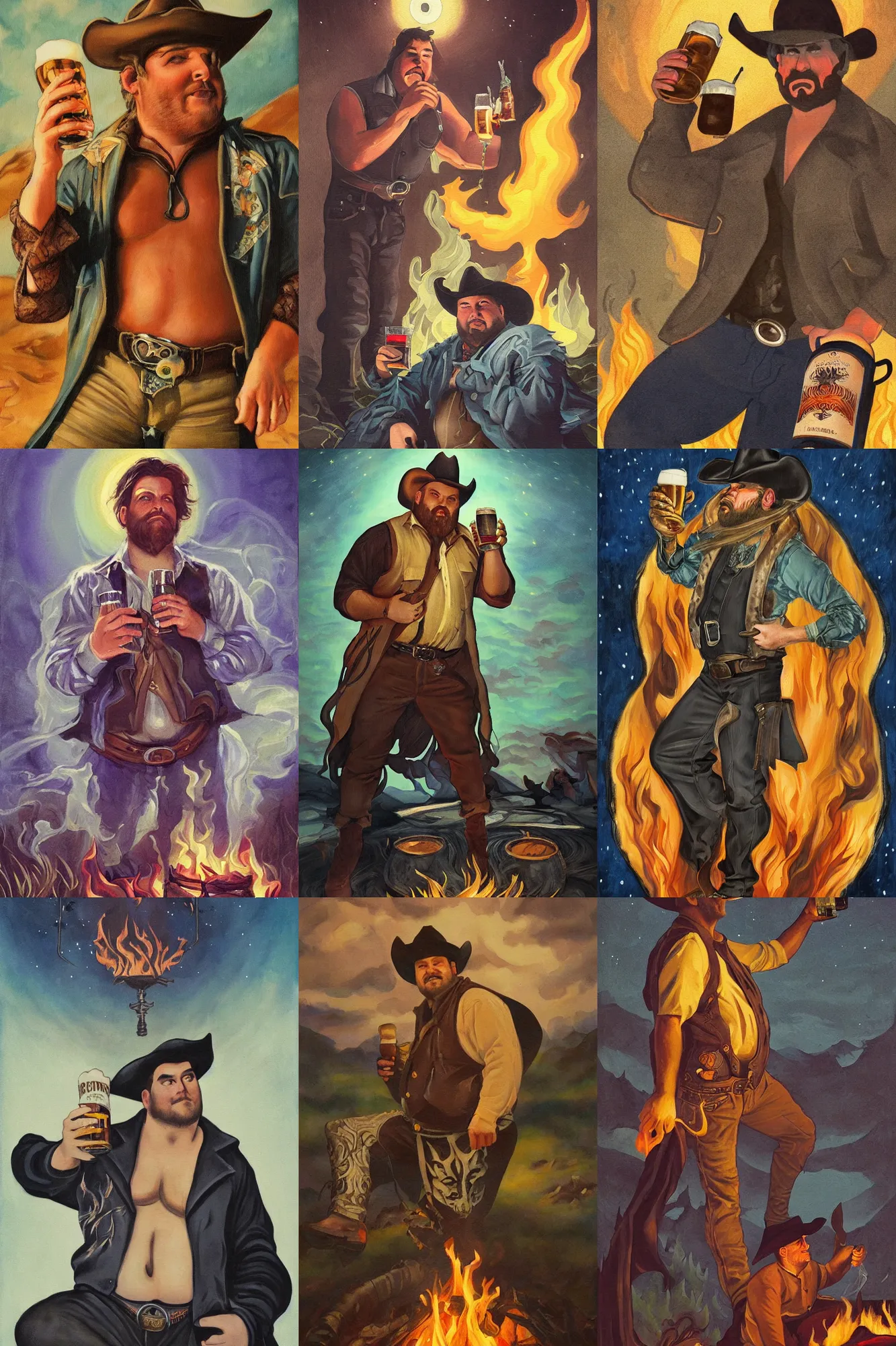 Prompt: a dramatic, ethereal painting of a handsome chunky mischievous cowboy with an open leather vest and beer belly sitting behind a campfire at night with food and jugs of whisky | tarot!! card, art deco, art nouveau | by Mark Maggiori | trending on artstation