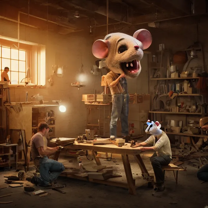 Image similar to crew of workers building giant mouse - movie prop - head in quaint workshop, octane render, 4 k ultra hd, hyper - detailed, realistic, seedy lighting, sharp focus, in style of beeple