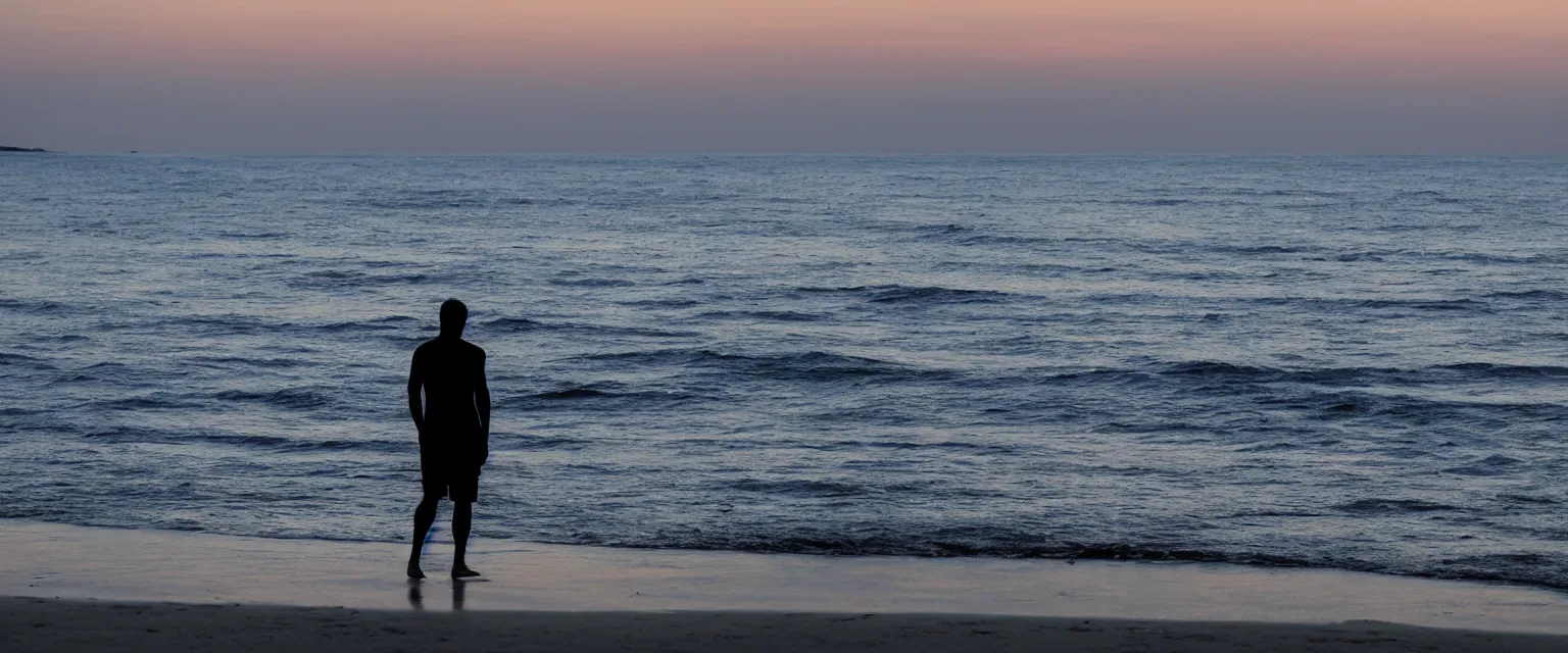 Prompt: A film still of a silhouetted figure facing towards the ocean, low-key blue lighting, dusk, beach setting, establishing shot