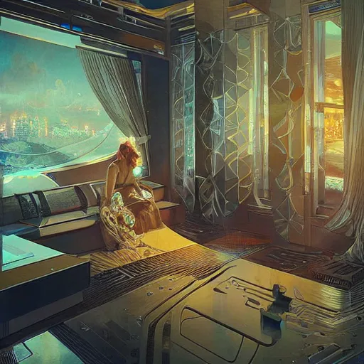Image similar to image of a futuristic hotel room at future neon light tokyo, sci - fi and fantasy, intricate and very very beautiful and elegant, highly detailed, digital painting, artstation, concept art, smooth and sharp focus, illustration, art by tan zi and ayanamikodon and alphonse mucha and wlop
