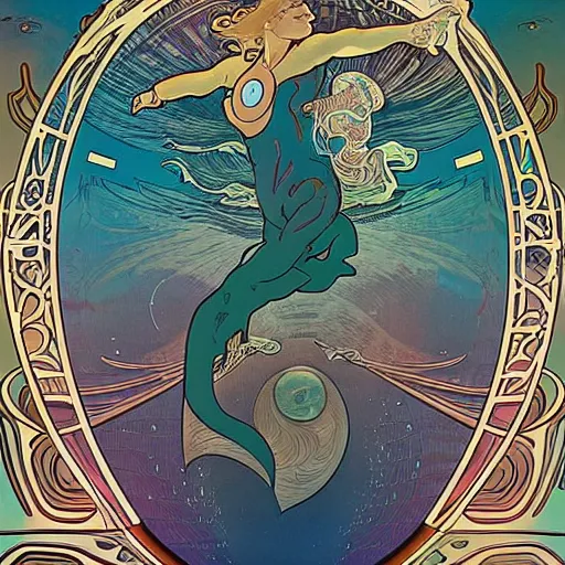 Prompt: a dolphin leaps out of the ocean, astral projection, astral travel, space background, cinematic, detailed, very realistic, by Alphonse Mucha, Moebius, Laurie Greasley, 8k