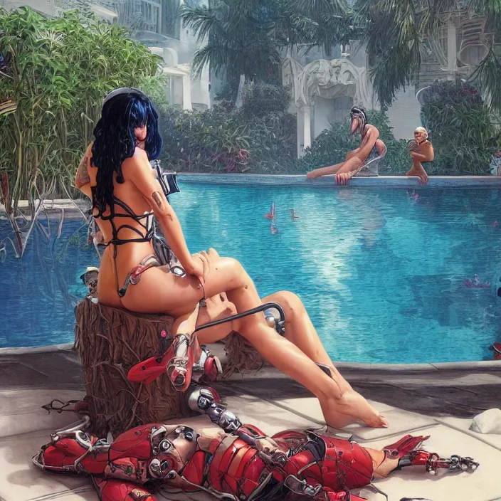 Image similar to young woman sitting by the pool from the movie bill & ted's excellent pool party, fractal cyborg ninja, 8 k, realistic, highly detailed, art by todd mcfarlane, artgerm, greg rutkowski, alphonse mucha