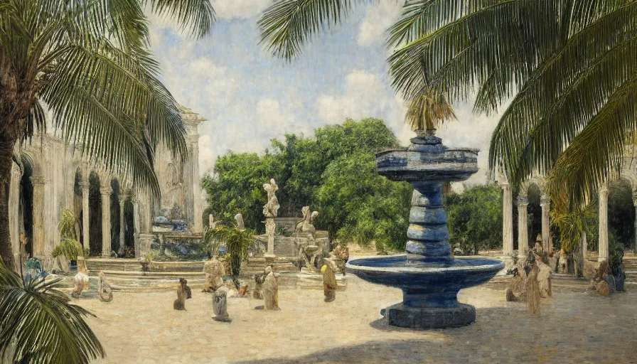 Image similar to a ultradetailed beautiful painting of an old fountain in the amazonas palace balustrade designed by jules bastien - lepage, tarsila do amaral, frank weston and gustave baumann, beach, trending on artstation, mediterranean, palm trees, sharp focus, soft light, 8 k 4 k