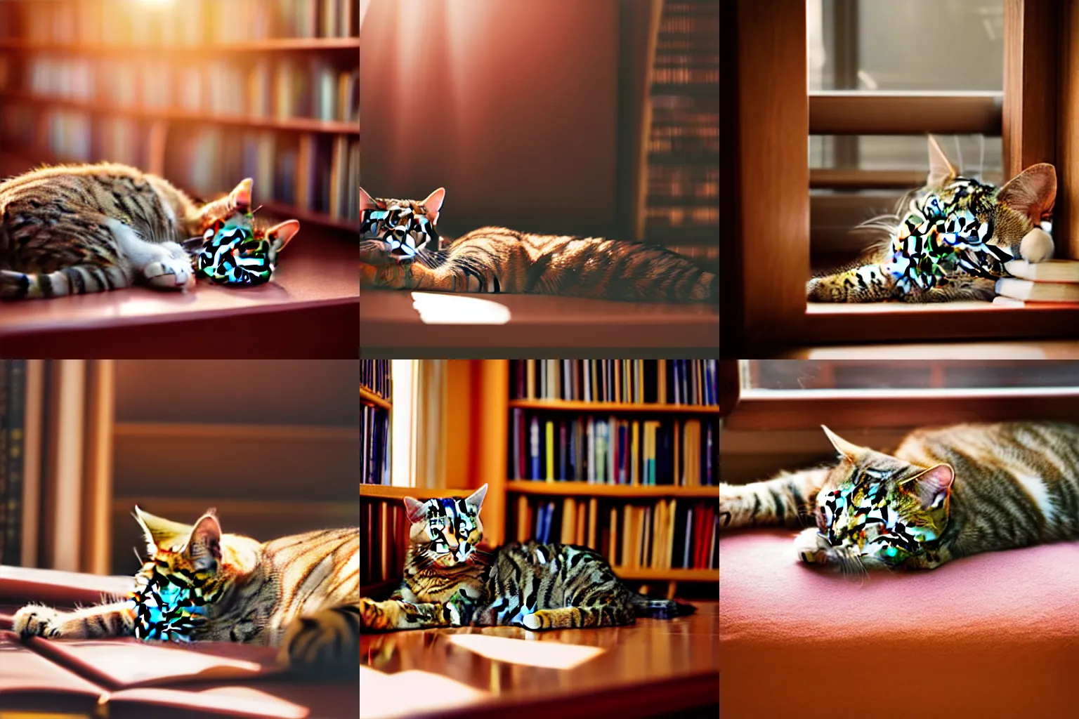 Prompt: tabby cat sleeping in a library, warm colors, sun beams, dusty,