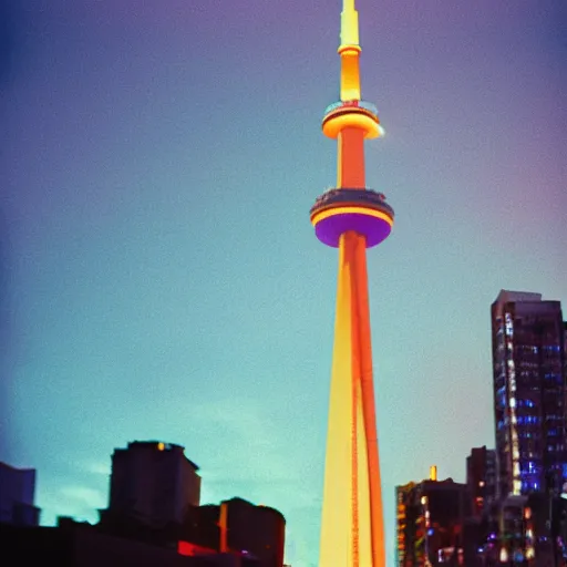 Prompt: photo of CN tower at night, neon lights, cinestill, 800t, 35mm, full-HD