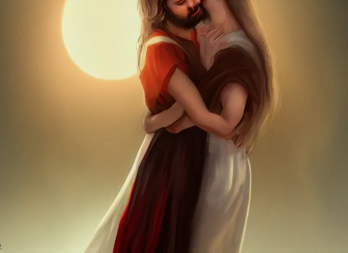 Image similar to jesus hugging a woman from behind, white robe, spirit hugs, gold trim, atmoshperic, elegant, sharp focus, red sun, huge lips, poses by satine zillah, environment by hw 6 5 2 3, art by ilya ozornin, artstation, intricate details, concept art