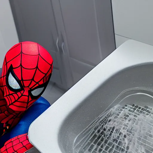 Image similar to spider-man cleaning the sink with a sponge, 4k realistic photo