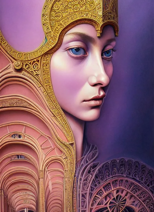 Image similar to portrait of a beautiful young goddess merging with a cathedral building, unusual beauty, etheric, pastel colours, emotionally evoking symbolic metaphors, head in focus, fantasy, ornamental, intricate, elegant, highly detailed hyperrealistic painting, artstation, concept art, painterly, golden ratio, sharp focus, art by James Jean and Zdzisław Beksiński, Antonio Mora,