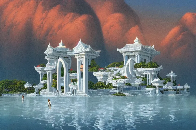 Image similar to an oriental palace made of immaculate white stones that emit light planted at the edge of a waterless ocean under a twilight light, blue sky without clouds, people angling at the edge, crystalline rock, pastel shades, style of michael whelan