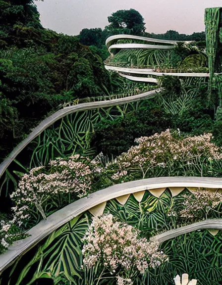 Prompt: a massive liquid gold and white fluid sculpture in the jungle covered in flowers and vines photograph, architecture carved for a titan, beautiful in its smoothness and expansiveness, curving geometric arches, architectural photograph by louis kahn and moshe safdie