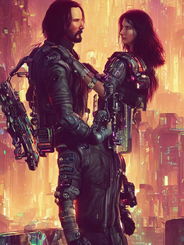 Image similar to a cyberpunk 2077 portrait of Keanu Reeves&female android in final kiss,love,film lighting,by Laurie Greasley,Lawrence Alma-Tadema,Dan Mumford,artstation,deviantart,FAN ART,full of color,Digital painting,face enhance,highly detailed,8K,octane,golden ratio,cinematic lighting