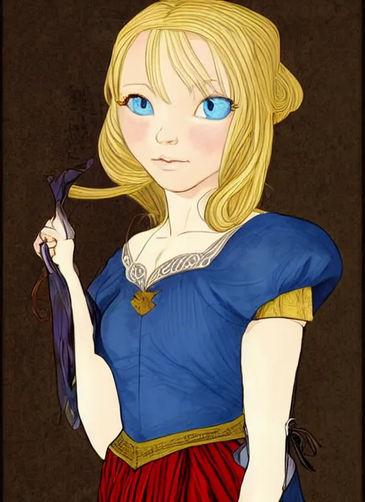 Image similar to young woman in medieval clothing, blue eyes and blond hair, a ribbon in her hair, art by ex machina,