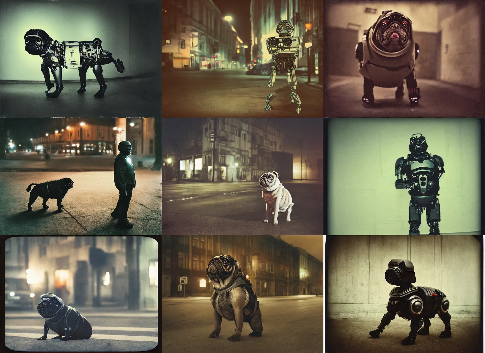 Prompt: oversized cyborg terminator pug, in legnica, full body, nighttime, cinematic focus, polaroid photo, vintage, neutral dull colors, soft lights,, by gregory crewdson