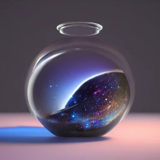 Prompt: Galaxy in a Bottle sitting on a white table in a brightened room, rendered by, Xie Boli, Max Hay, Cameron Mark, and Hue Teo, artstation 3d, artstation render, artstation 3d render, 3d art, unreal engine 3d, octane 3d, blender 3d, 3d landscape, photorealistic imagery, photorealistic details, intricate, highly detailed, trending on artstation, 4k, 8k