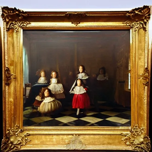 Prompt: extremely detailed oil painting of a family portrait in the main room of the castle painted in 1 6 5 6, dark room, one point of light coming through the window inspired by las meninas, clear spaces between each subject and good detail and realistic eyes, faces for each person, extreme perspective, textured photo - realism, inspired by diego velasquez better quiality