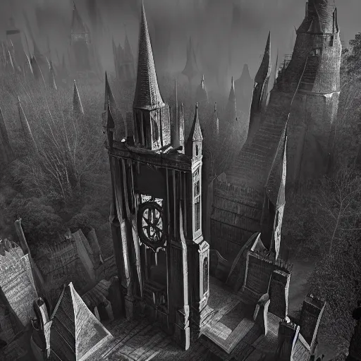 Prompt: an ultra detailed black and white 3 d render of a lonely and impossibly tall ominous gothic dark citadel tower of the evil patriarch, in the style of magic the gathering, in a river elevated high above the city, flintlock fantasy capital city, ultrawide lense, aerial photography, unreal engine, exquisite detail, 8 k, art by greg rutkowski and alphonse mucha