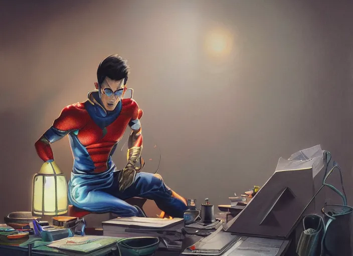 Image similar to an insanely detailed painting of an asian man wearing a homemade superhero costume, sitting at a desk, staring seriously at the computer and typing, in the style of peter mohrbacher, james jean, artgerm, dramatic lighting and composition, surreal background, octane render, pixar, trending on artstation, concept art, comic book, view from behind, 8 k