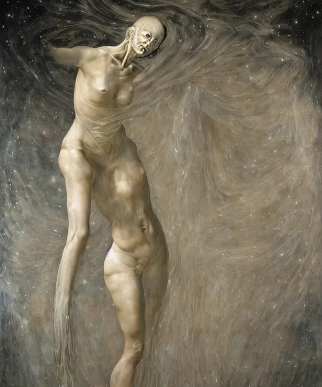 Image similar to Beautiful full-body wax sculpture of glowing transparent woman with visible bones covered with melted white candle wax inside the singularity where stars becoming baroque folds of dark matter by Michelangelo da Caravaggio, Nicola Samori, William Blake, Alex Grey and Beksinski, dramatic volumetric lighting, highly detailed oil painting, 8k, masterpiece