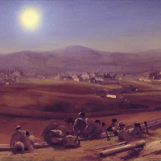 Image similar to dark solar eclipse, above a village, highly detailed, studio 4 k quality, by ramon casas