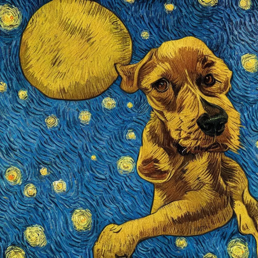 Prompt: studio portrait of a dog in the style of Starry Night; oil painting by Vincent van Gogh