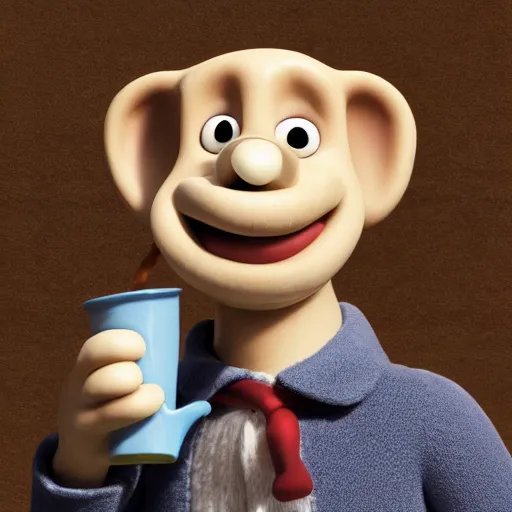 Prompt: Wallace from Wallace and Gromit holding a cheese mug, Realistic, HD Quality, 8k Resolution, Digital Art, Trending on Artstation