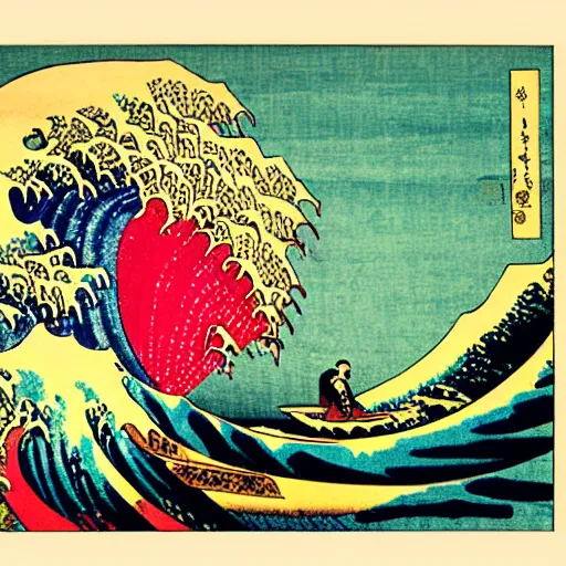 Image similar to surfing on a big wave, ukiyo-e by Utagawa Kuniyoshi