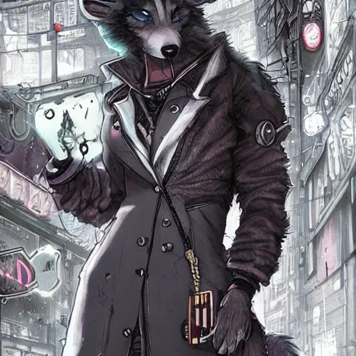 Image similar to beautiful furry art portrait commission of a furry anthro wolf fursona wearing punk clothes in the streets of a cyberpunk city. character design by charlie bowater, ross tran, rick griffin, miles df, detailed, inked, western comic book art