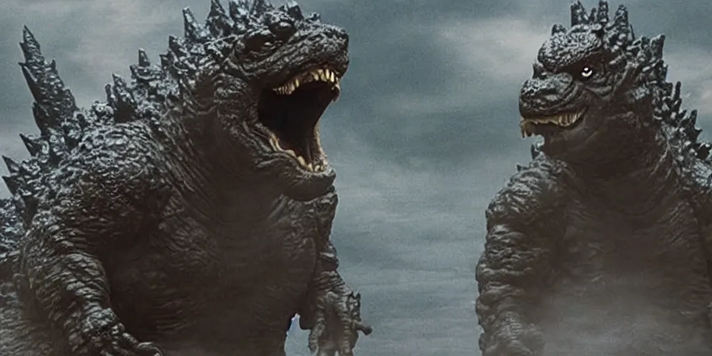 Image similar to movie still from godzilla derp, stupid godzilla, goofy and weird, uncomfortable, idiot godzilla