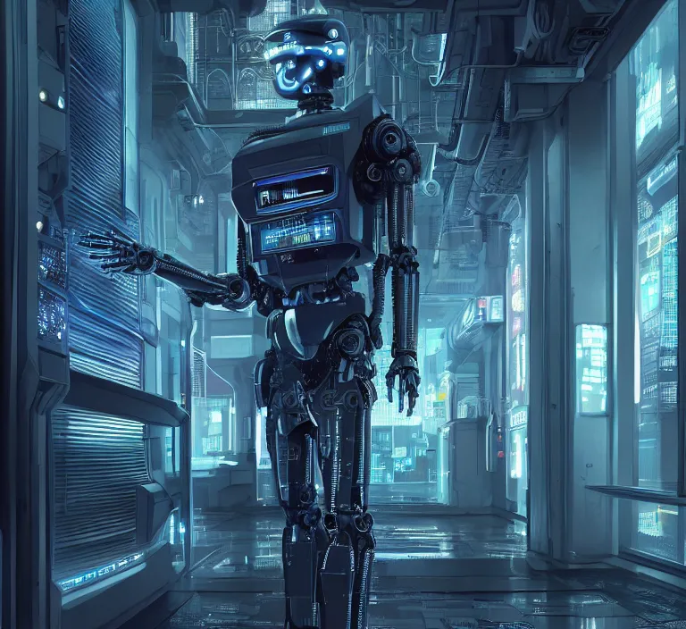 Image similar to hyperrealism stock photography of highly detailed stylish robot in cyberpunk sci - fi style by gragory crewdson and vincent di fate, mike winkelmann with many details by josan gonzalez working at the highly detailed data center by mike winkelmann and laurie greasley hyperrealism photo on dsmc 3 system rendered in blender and octane render