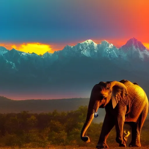 Image similar to a heroic elephant watching yesterday's sunset over the mountains in the style of synthwave