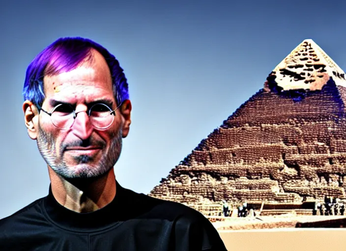 Prompt: steve jobs, a boy with purple hair and cat ears in front of the pyramids, hyperrealism, intricate, 8 k, high detail