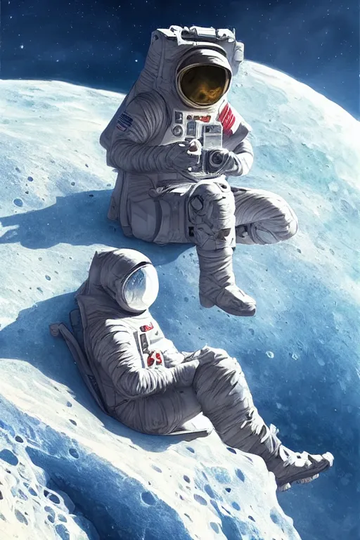 Image similar to Man sitting on the moon with a view of the earth in the background, elegant, digital painting, highly detailed, artstation, concept art, smooth, sharp focus, illustration, art by artgerm and greg rutkowski.