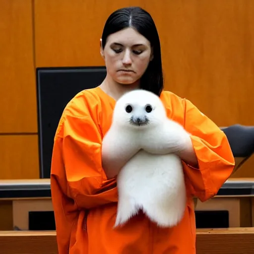 Prompt: a baby harp seal in an orange prisoner jumpsuit at the witness stand, courtroom, news photography