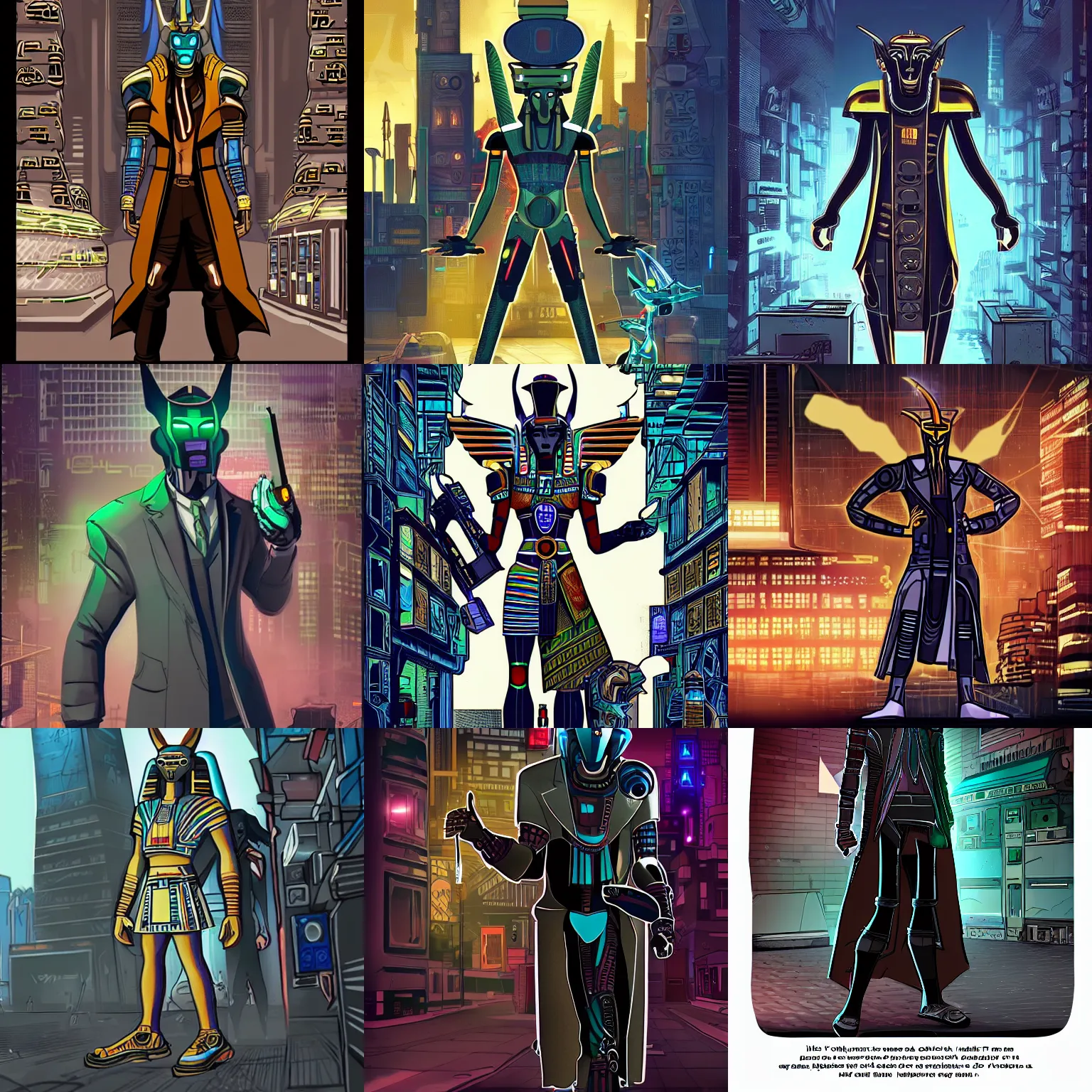Prompt: cybertronic jackel - headed egyptian god anubis as a detective in a trenchcoat in a cyberpunk future city
