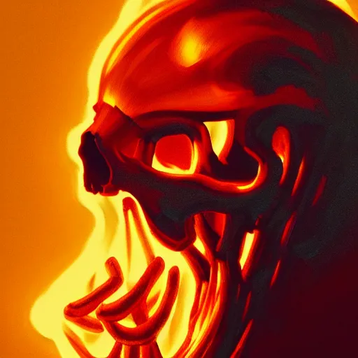 Prompt: A stunning profile of a symmetrical skull set on fire Simon Stalenhag, Trending on Artstation, 8K