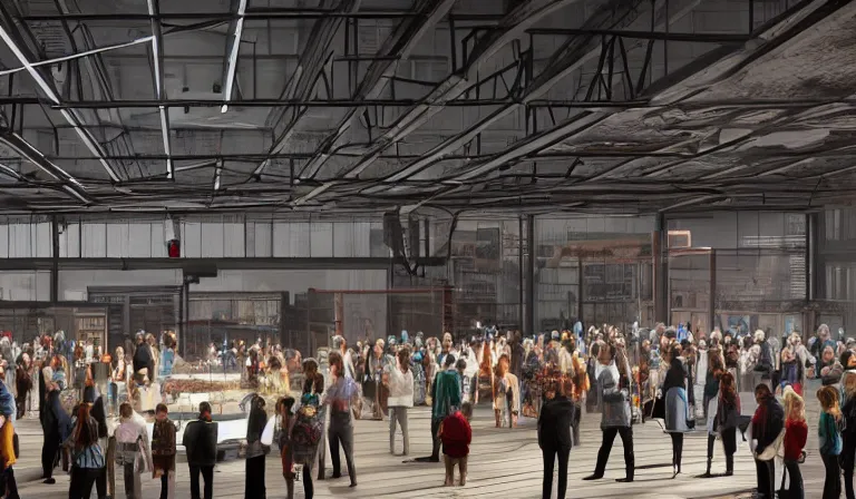 Image similar to large group people in simple warehouse, looking at hologram of futuristic downtown on a table, cinematic concept art, godrays, golden hour, natural sunlight, 4 k, clear details, tabletop model buildings, center model buildings, hologram center, crane shot, crane shot, crane shot, clear details, windows