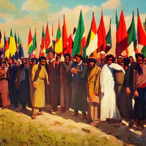 Image similar to a painting of a group of kurdish people establishingthe republic of mahabad! standing in front of a kurdish flag, an oil painting by ilya ostroukhov, featured on deviantart, socialist realism, ilya kuvshinov, movie still, oil on canvas