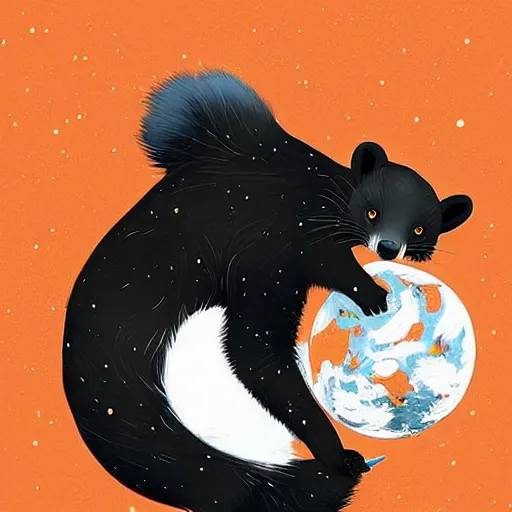 Image similar to giant pine marten in space holding a planet, digital art, trending on artstation, highly detailed, by Conrad Roset