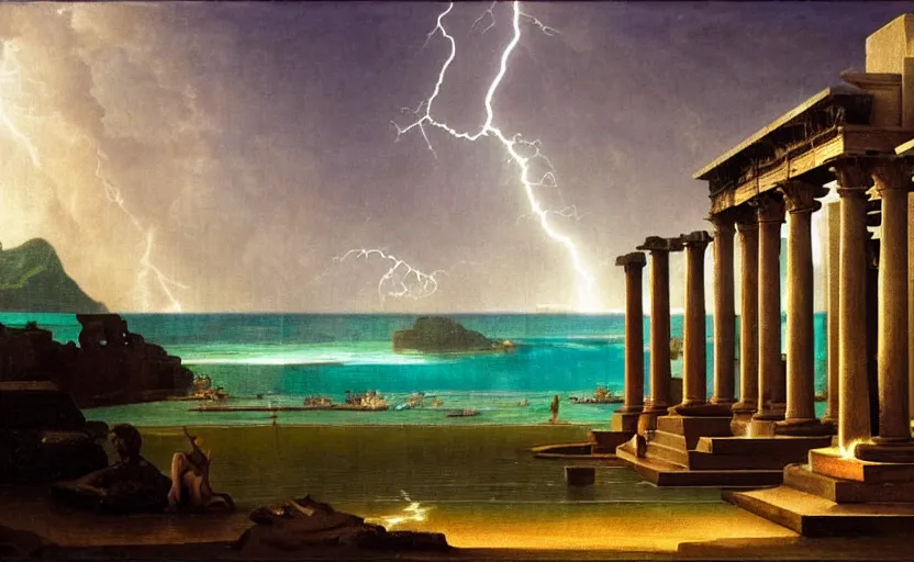 Image similar to Doric temple on front of balustrade and palace columns, refracted lightnings on the ocean, thunderstorm, tarot cards characters, beach and Tropical vegetation on the background major arcana sky and occult symbols, by paul delaroche, hyperrealistic 4k uhd, award-winning, very detailed paradise