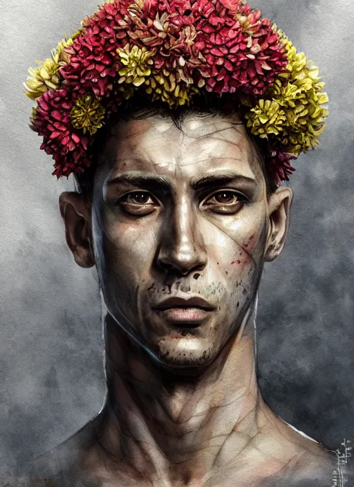 Prompt: handmade character portrait of an american soldier covered in amaratyllis, hydrangea, chrysanthemum and hyacinth, in the style of artgerm and enki bilal and bastien lecouffe - deharme, wlop, line art, watercolor, cinematic lighting, hyperdetailed, hyperrealistic