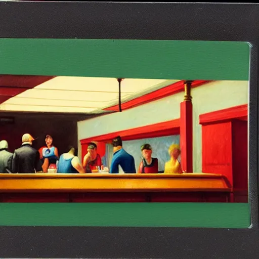 Prompt: a polaroid photo of people at a diner, Edward Hopper style, Nighthawks, detailed, hq, lens flare