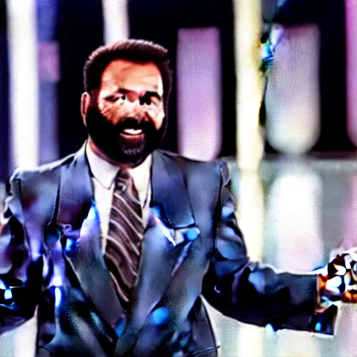 Image similar to Billy Mays hosting Jeopardy, VHS tape footage, 1991, the set of Jeopardy