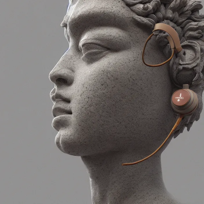 Image similar to stoic statue wearing headphone, vaporwave, aesthetic, naturel, symmetrical face, hyper detailed, digital sculpture, trending in artstation, cinematic lighting, studio quality, smooth render, unreal engine 5 rendered, octane rendered, art style by klimt and nixeu and ian sprigger and wlop and krenz cushart