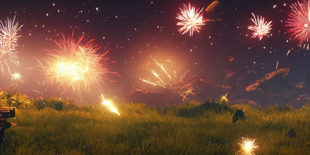 Image similar to shooting fireworks, no mans sky concept art, flying snakes