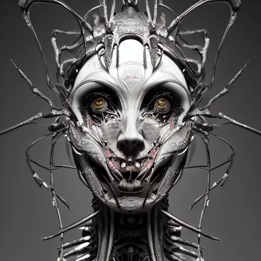 Prompt: a female model by stefan geselle and nekro borja, illustration, biomechanical, intricate details, hyper realistic, mechanical, dark beauty, photorealistic, by peter morbacher, by giger, canon r 3, photography, wide shot, photography, dark beauty, symmetrical features