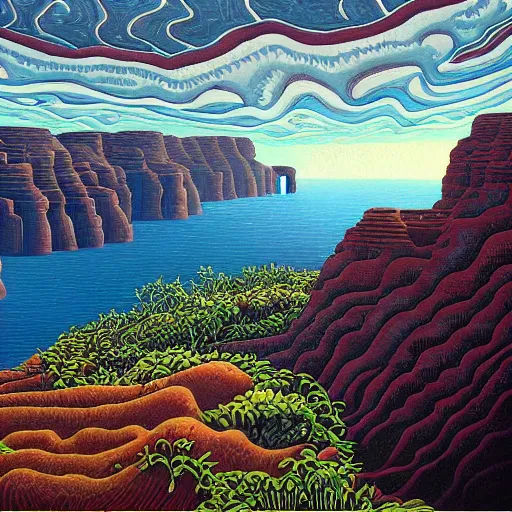 Image similar to painting of a lush natural scene on an alien planet by jeffrey smith. beautiful landscape. weird vegetation. cliffs and water.