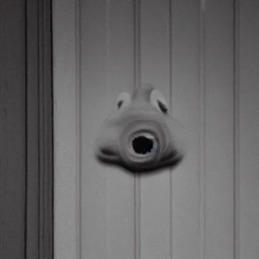 Image similar to ultra - realistic close - up of creepy cow at night, fish - eye - lense, disturbing horror photo, doorbell camera footage