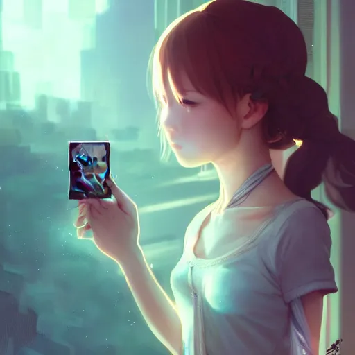 Prompt: very small little girl by ross tran, reaching into their reflection in the mirror by sana takeda, rtx reflections, very high intricate details, digital anime art by artgerm, medium shot, mid - shot, composition by ilya kuvshinov, lighting by greg rutkowski